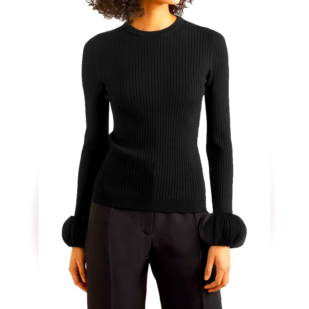 VALENTINO GARAVANI Silk georgette-trimmed ribbed stretch-knit sweater Size XL